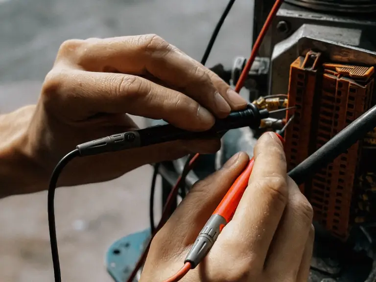Close-up of two hands holding multimeter test probes against wiring inside an electrical panel