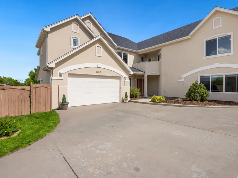 A two-car white sectional garage door on a modern suburban house, concrete driveway in front